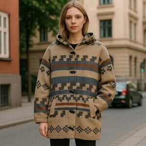 Vintage 90s Y2K Wool Blend Southwest Patterned Hooded Coat Gray Blue Red